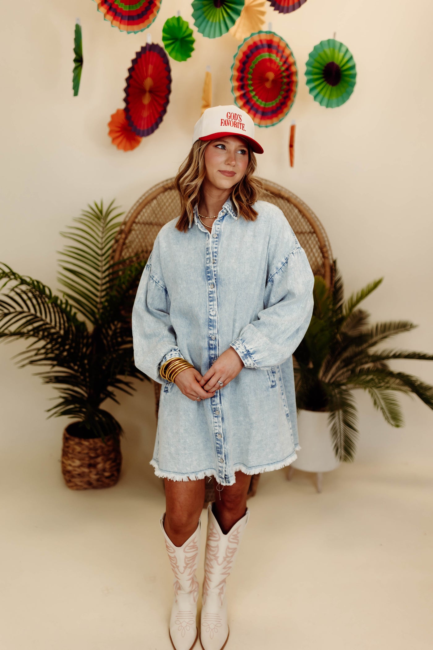 Acid Wash Light Denim Puff Sleeve Button Down Dress