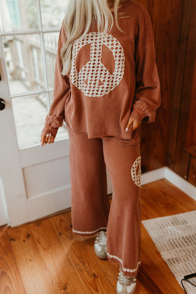 Red Brown Washed Peace Embroidered Terry Pullover and Pant Set