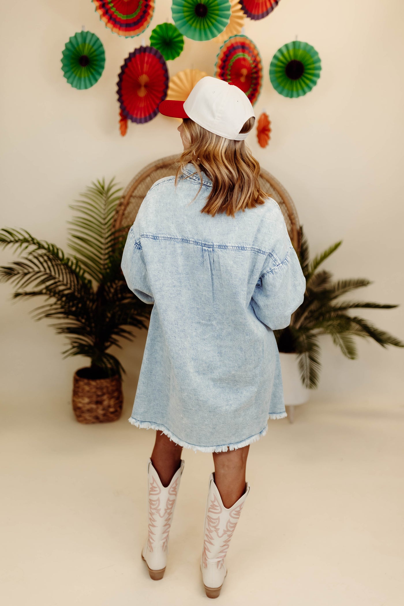 Acid Wash Light Denim Puff Sleeve Button Down Dress