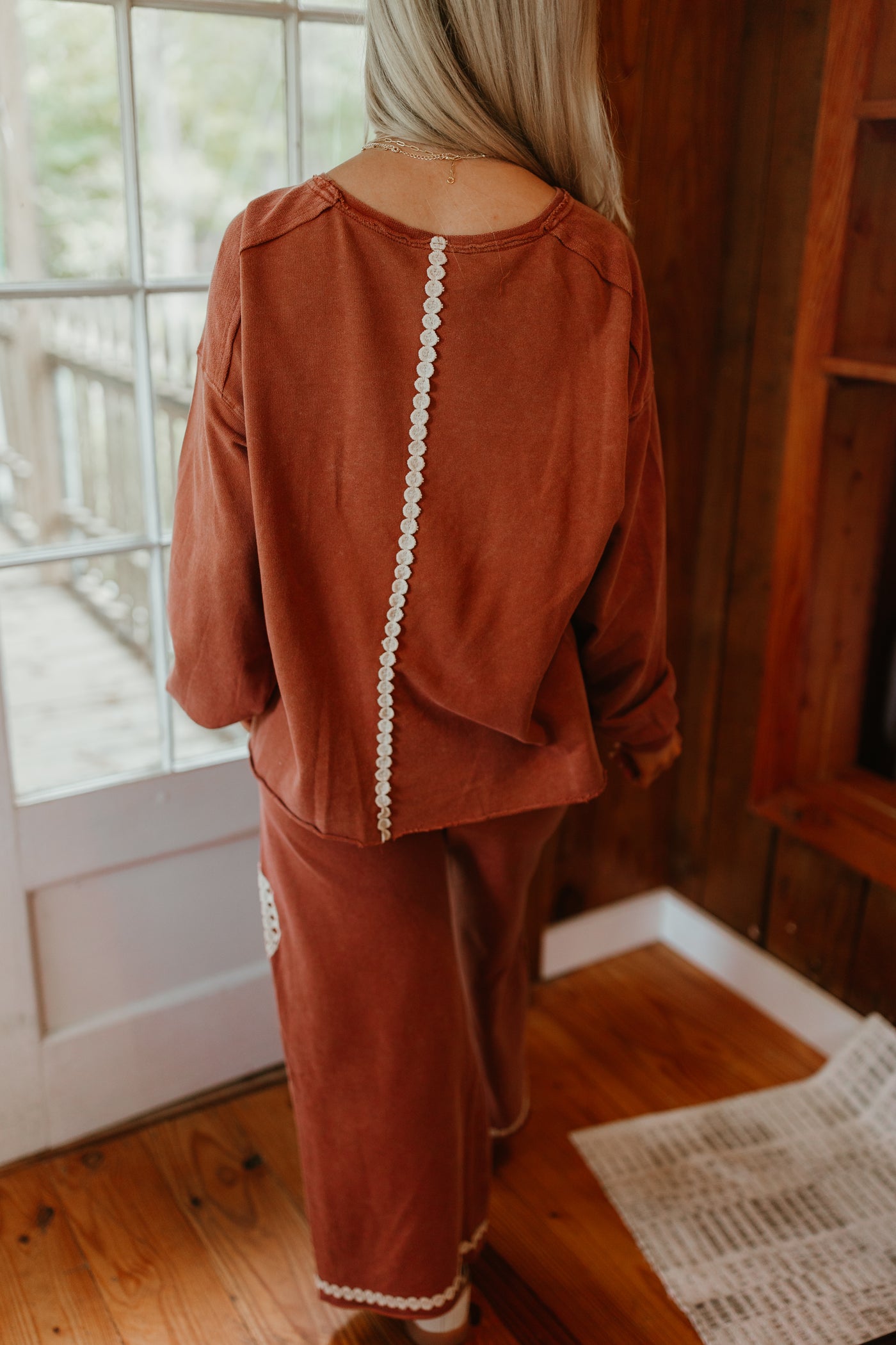 Red Brown Washed Peace Embroidered Terry Pullover and Pant Set