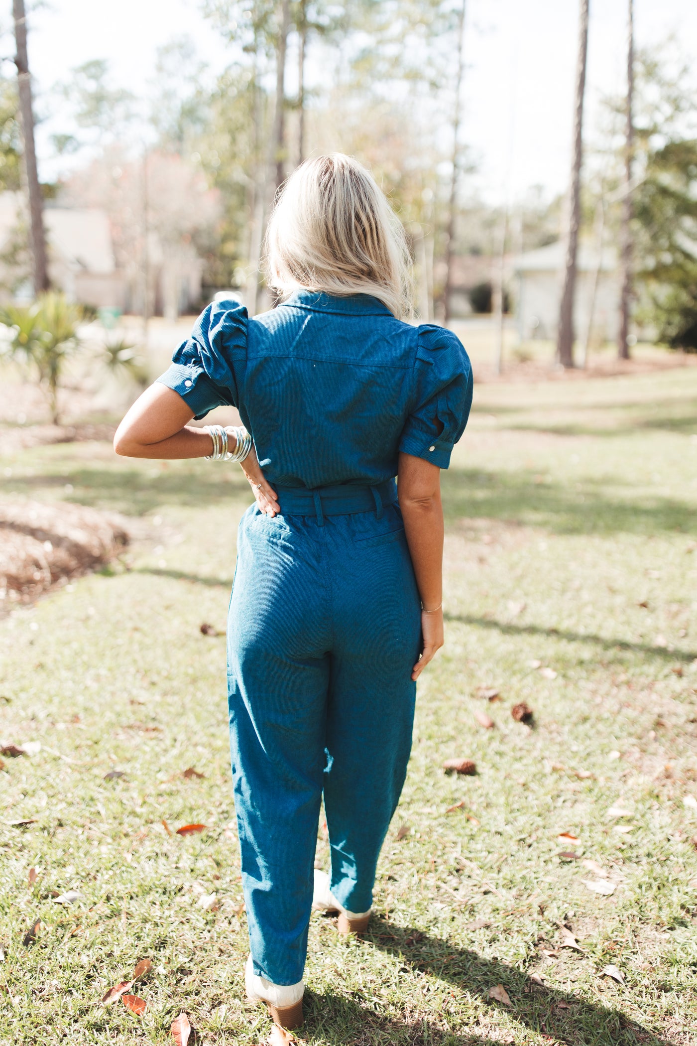 Forest Corduroy Belted Puff Sleeve Jumpsuit