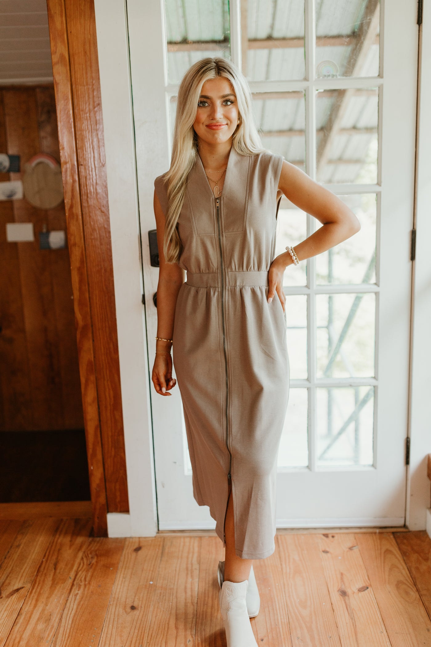 Mocha Sleeveless Zip Up Midi Dress