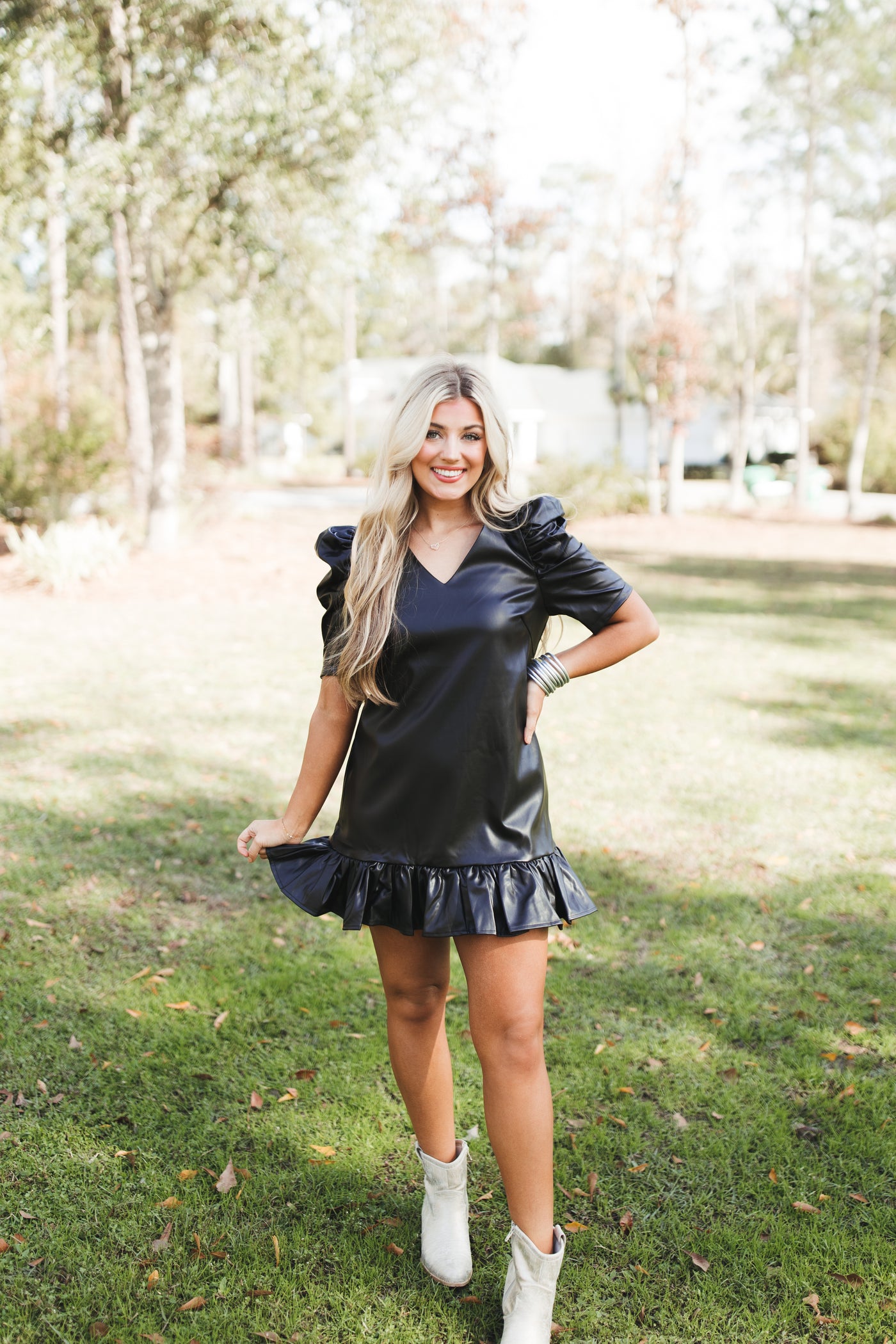 Black V-Neck Puff Sleeve Leather Mini Dress