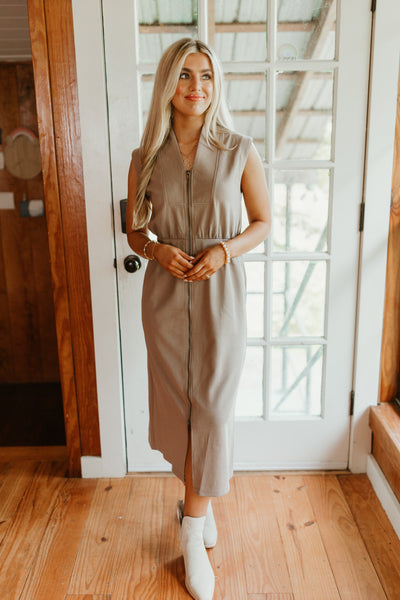 Mocha Sleeveless Zip Up Midi Dress