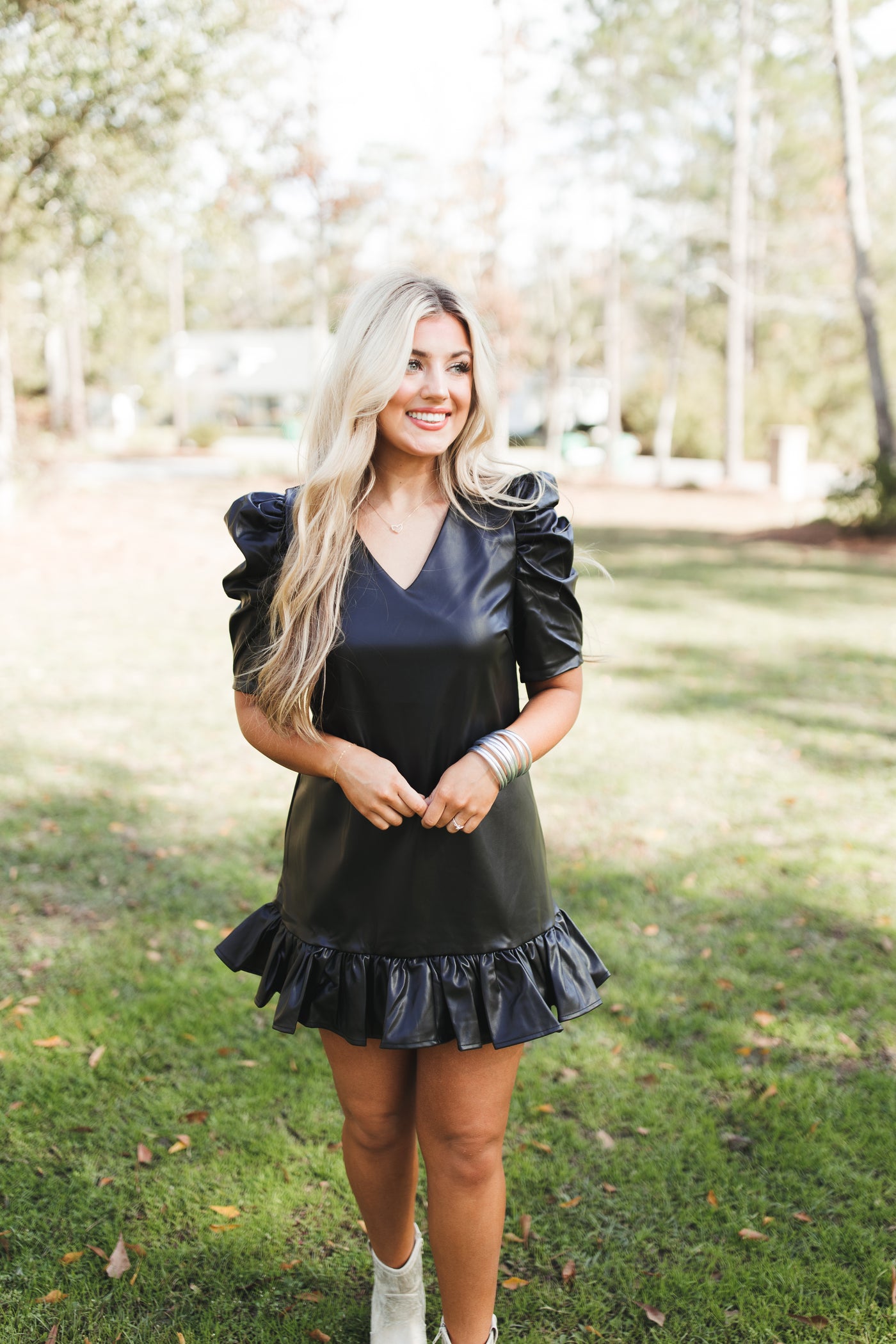 Black V-Neck Puff Sleeve Leather Mini Dress