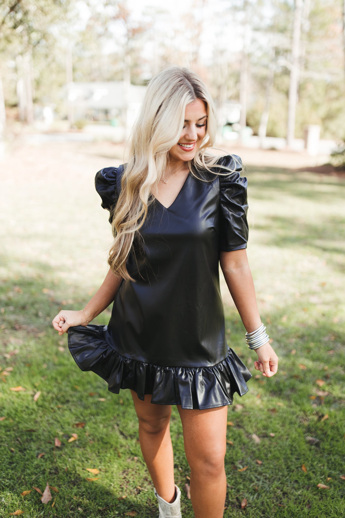 Black V-Neck Puff Sleeve Leather Mini Dress