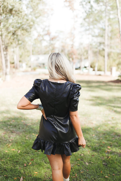 Black V-Neck Puff Sleeve Leather Mini Dress