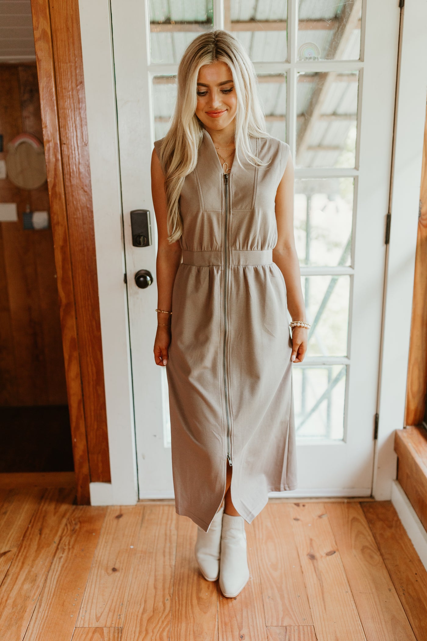 Mocha Sleeveless Zip Up Midi Dress