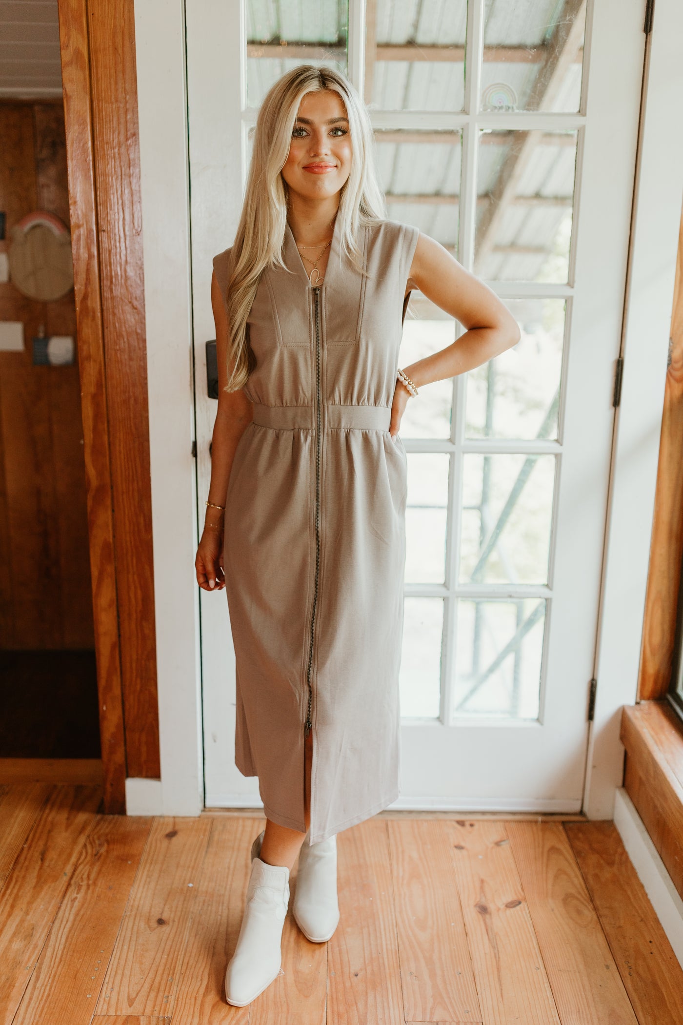 Mocha Sleeveless Zip Up Midi Dress