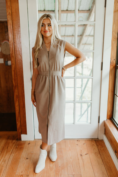 Mocha Sleeveless Zip Up Midi Dress