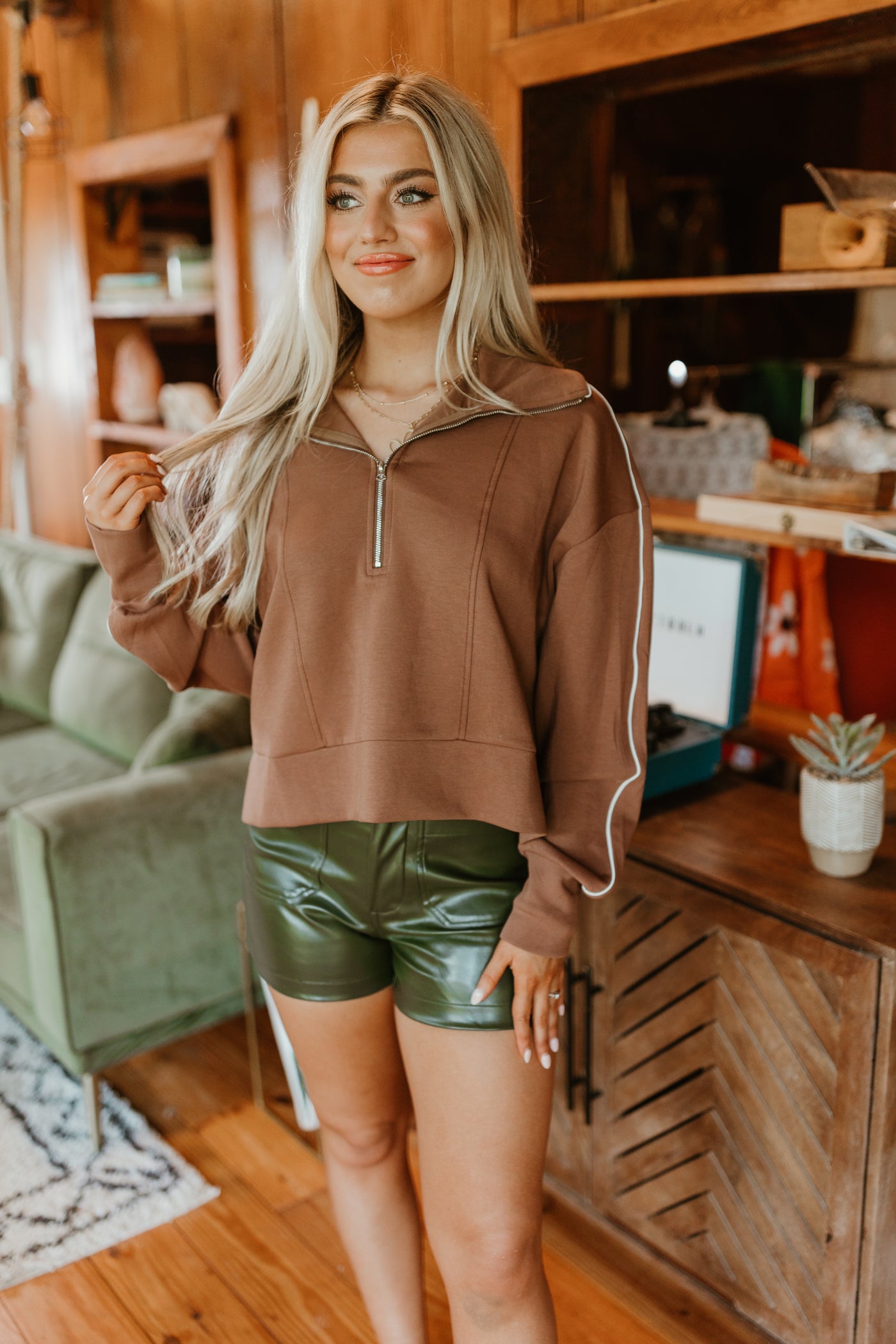 Olive Faux Leather Front Pocket Shorts