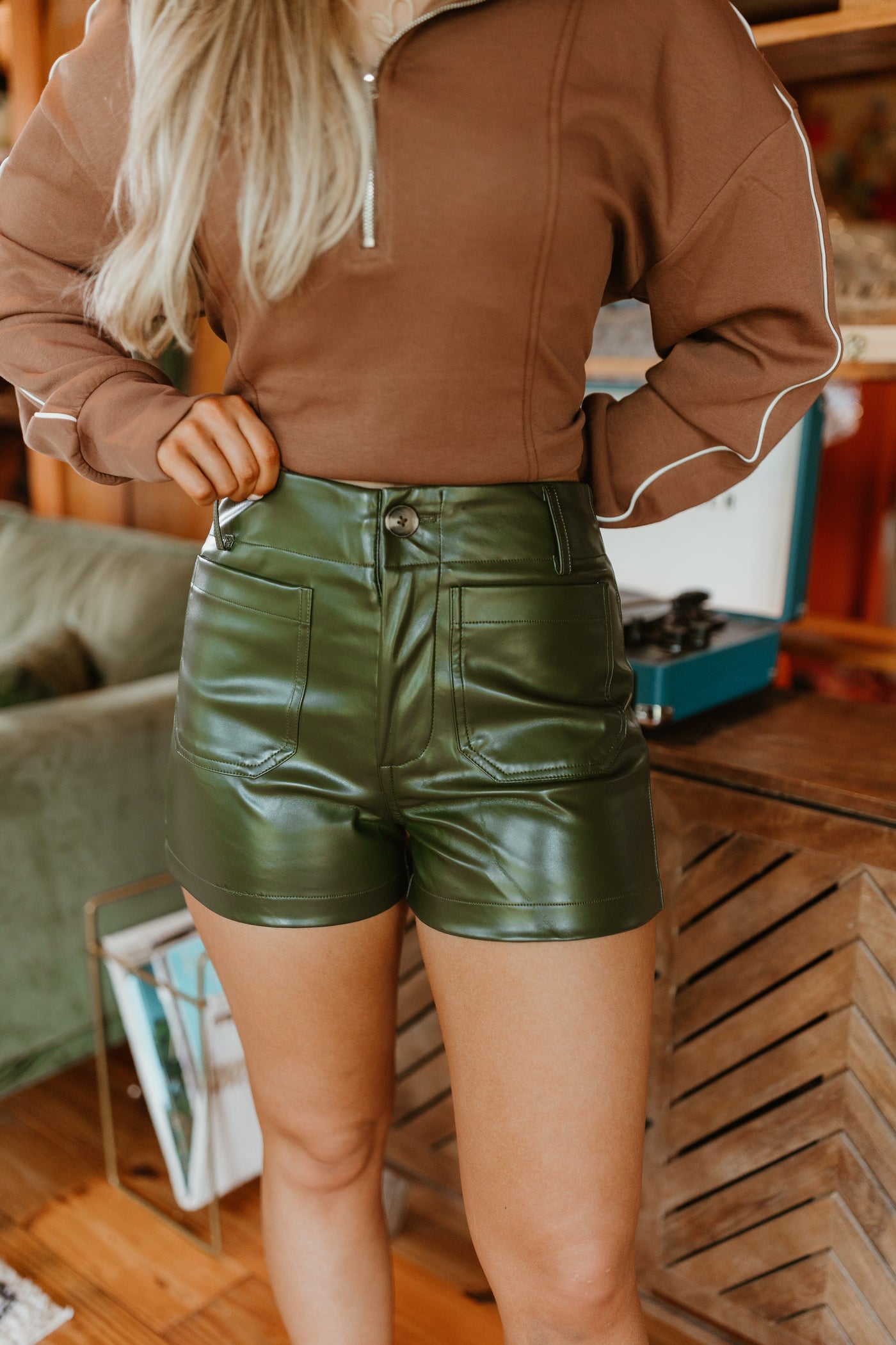 Olive Faux Leather Front Pocket Shorts