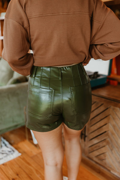 Olive Faux Leather Front Pocket Shorts