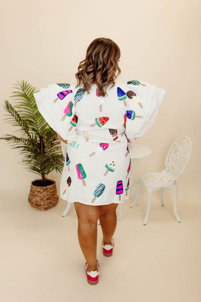 Queen Of Sparkles White Ruffle Sleeve Popsicle Dress