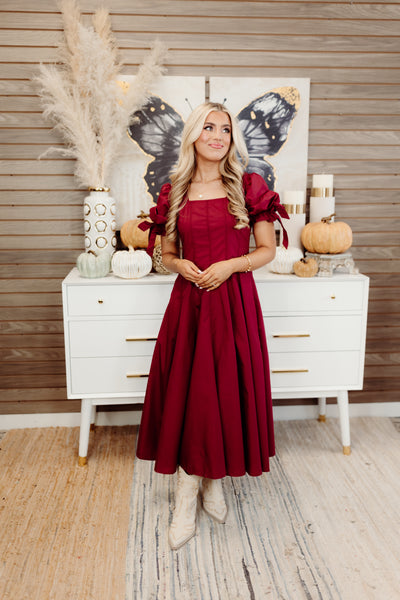 Garnet Square Neck Puff Sleeve Midi Dress