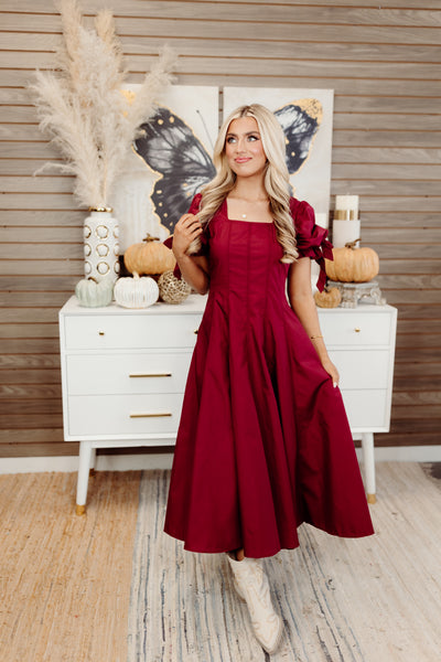 Garnet Square Neck Puff Sleeve Midi Dress