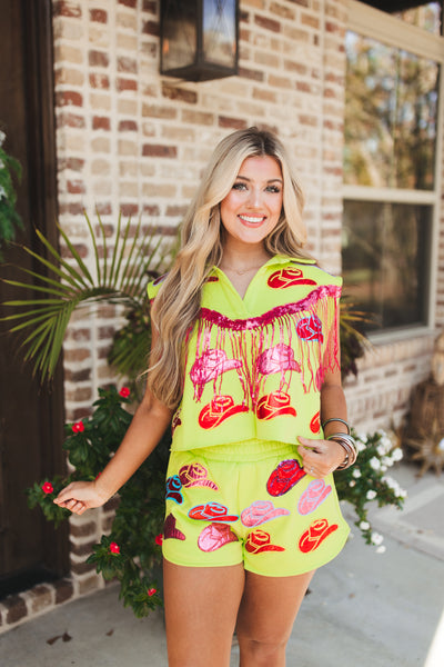 Queen Of Sparkles Neon Green Fringe Cowboy Hat Top