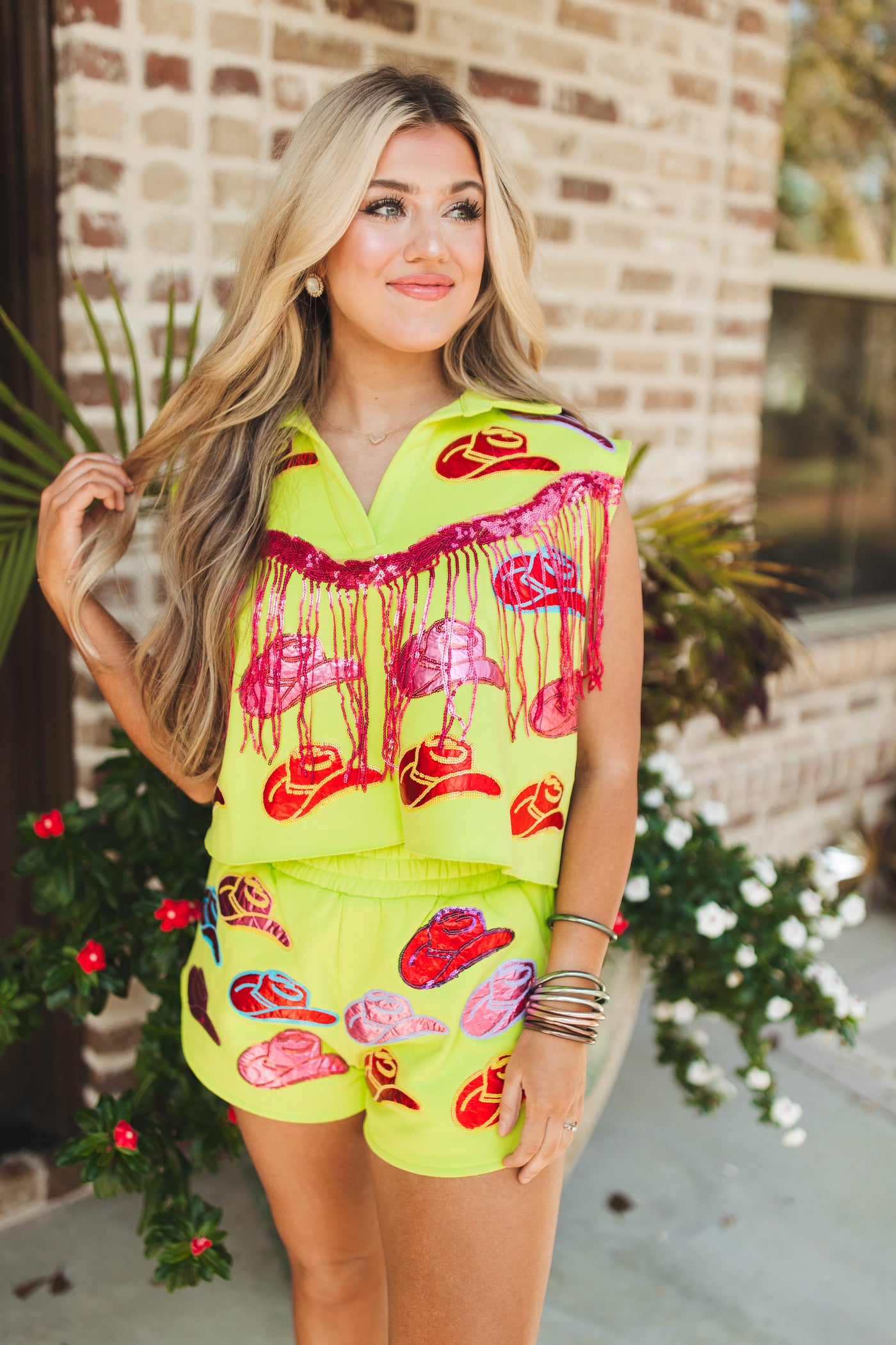 Queen Of Sparkles Neon Green Fringe Cowboy Hat Top