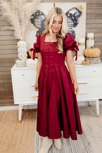 Garnet Square Neck Puff Sleeve Midi Dress