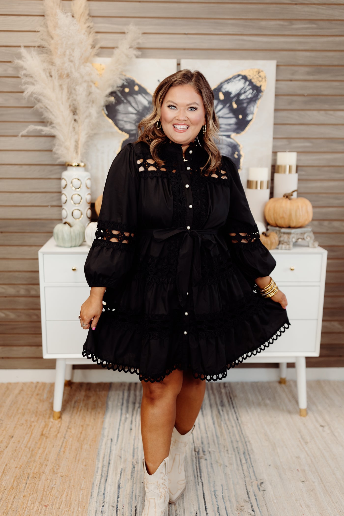 Black Lace Detail Pearl Button Down Dress