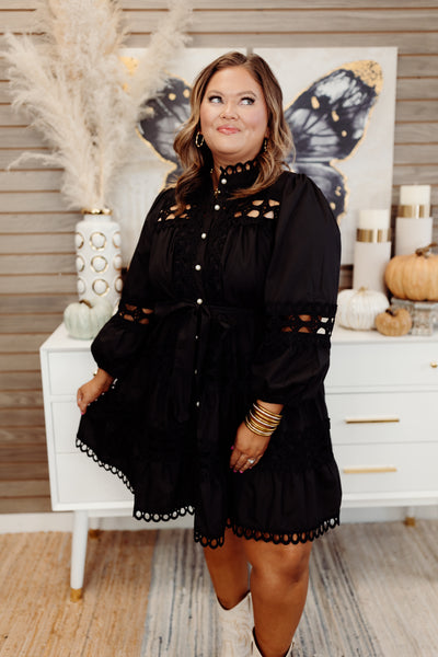 Black Lace Detail Pearl Button Down Dress