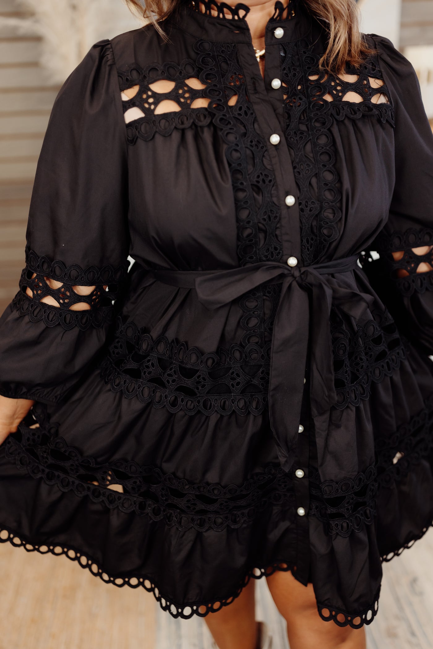 Black Lace Detail Pearl Button Down Dress