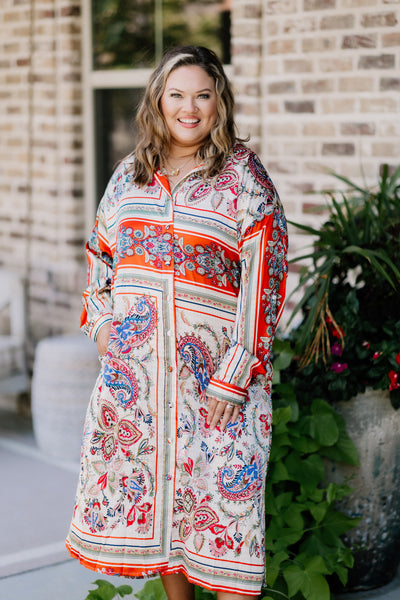 Red Multi Scarf Print Midi Tie Waist Button Down Dress