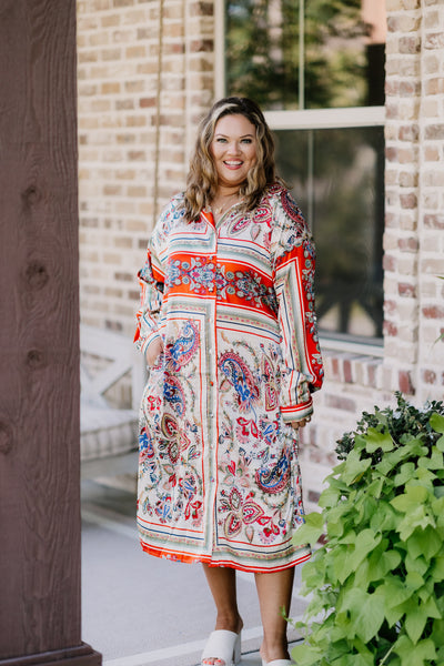 Red Multi Scarf Print Midi Tie Waist Button Down Dress