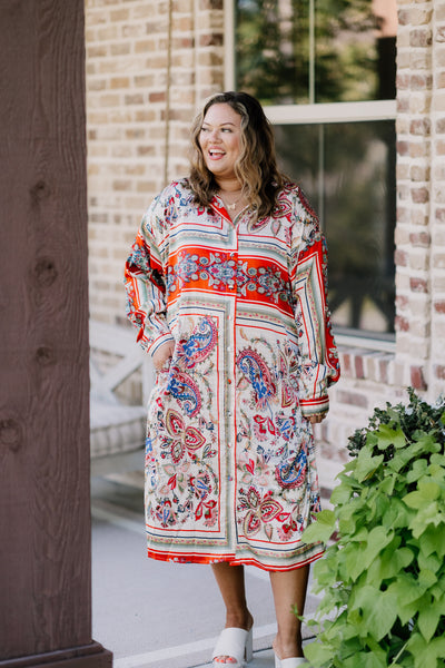 Red Multi Scarf Print Midi Tie Waist Button Down Dress