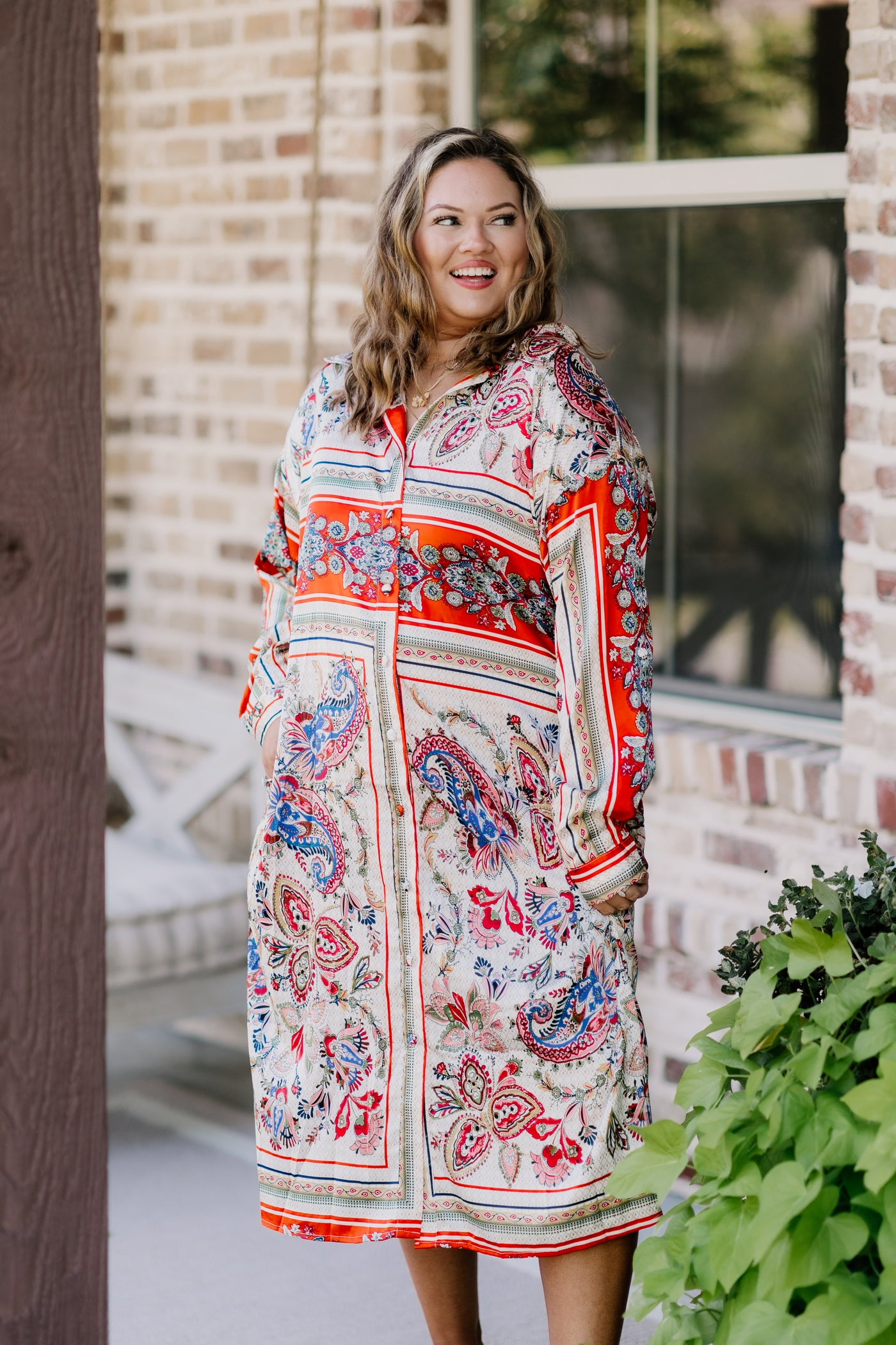 Red Multi Scarf Print Midi Tie Waist Button Down Dress