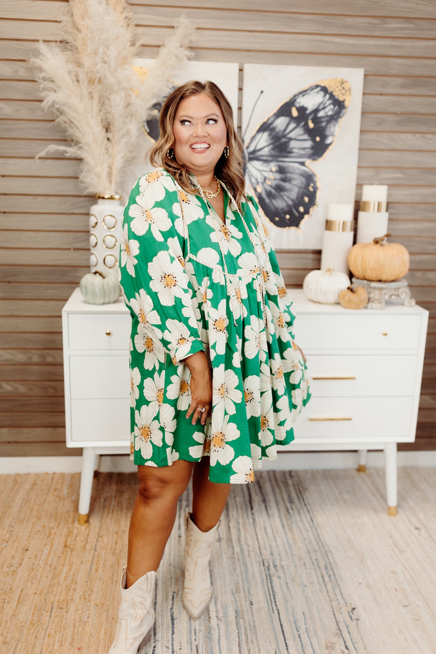 Green Floral 3/4 Sleeve V-Neck Ruffle Mini Dress