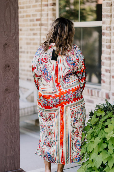 Red Multi Scarf Print Midi Tie Waist Button Down Dress