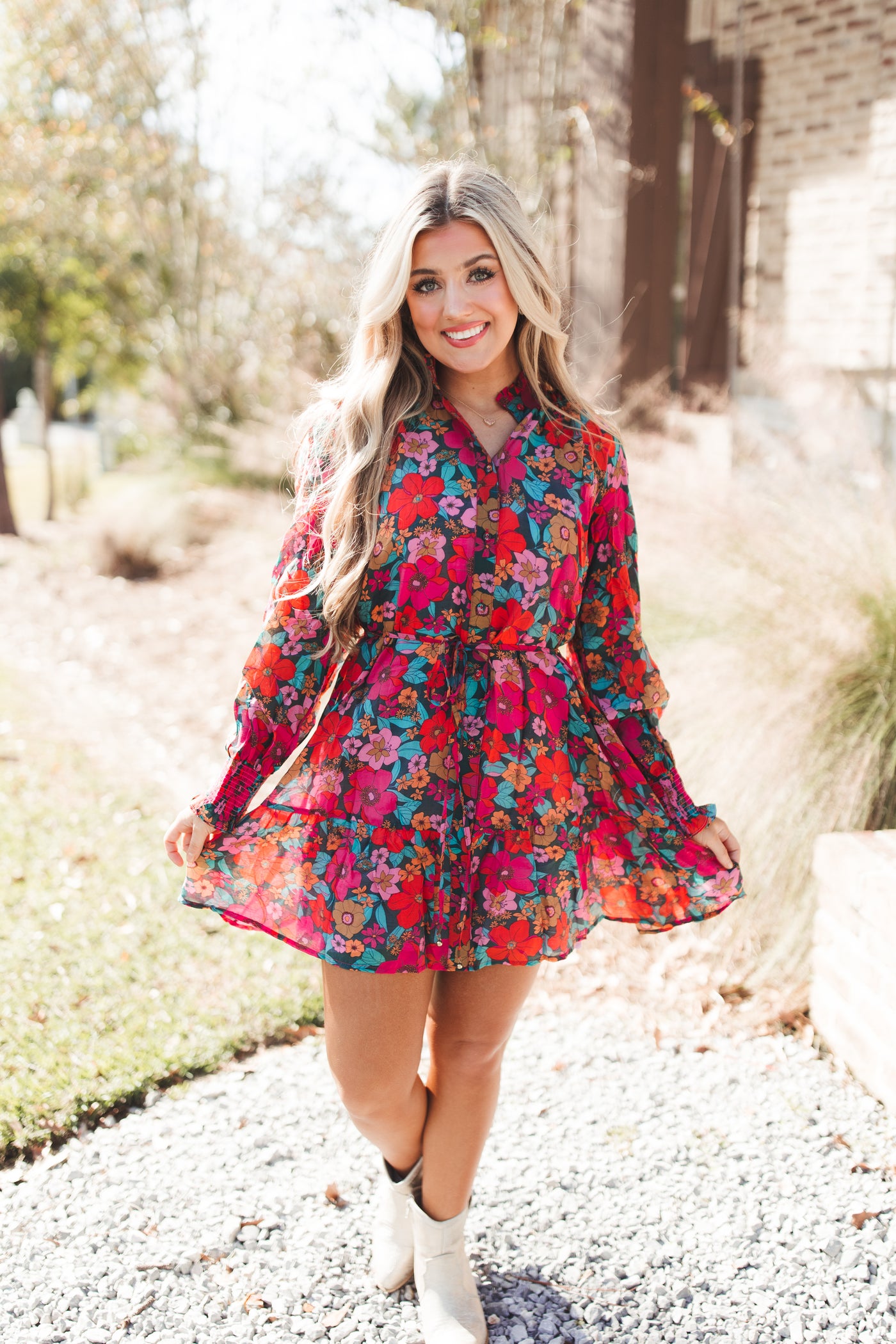 Teal and Fuchsia Multi Floral Button Tie Waist Dress