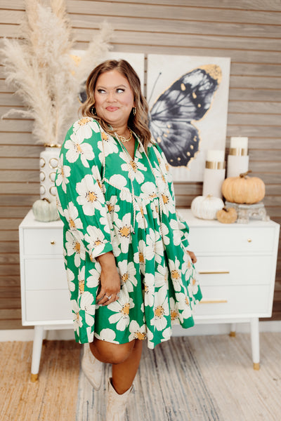 Green Floral 3/4 Sleeve V-Neck Ruffle Mini Dress