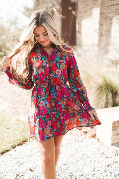 Teal and Fuchsia Multi Floral Button Tie Waist Dress