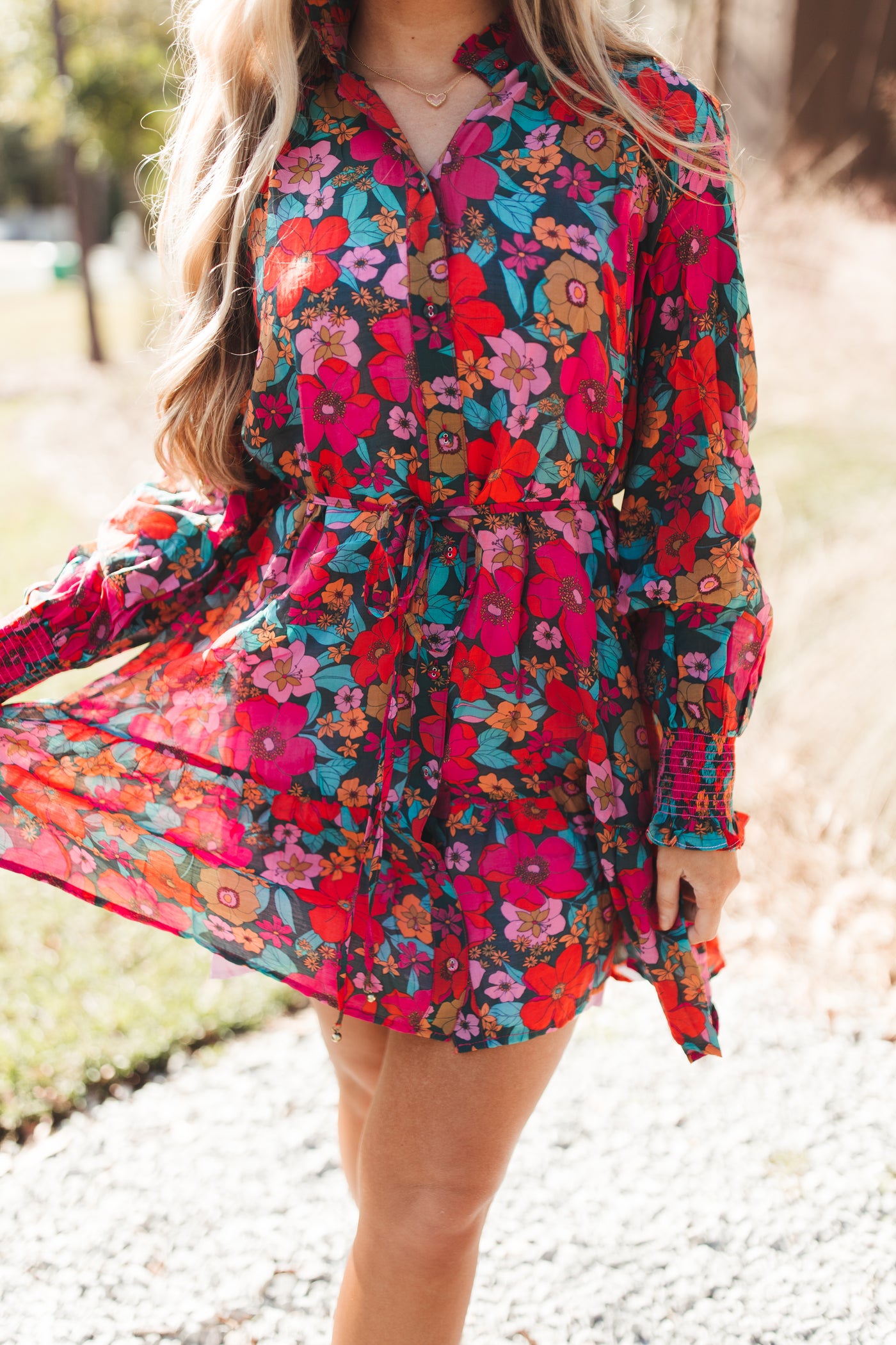 Teal and Fuchsia Multi Floral Button Tie Waist Dress