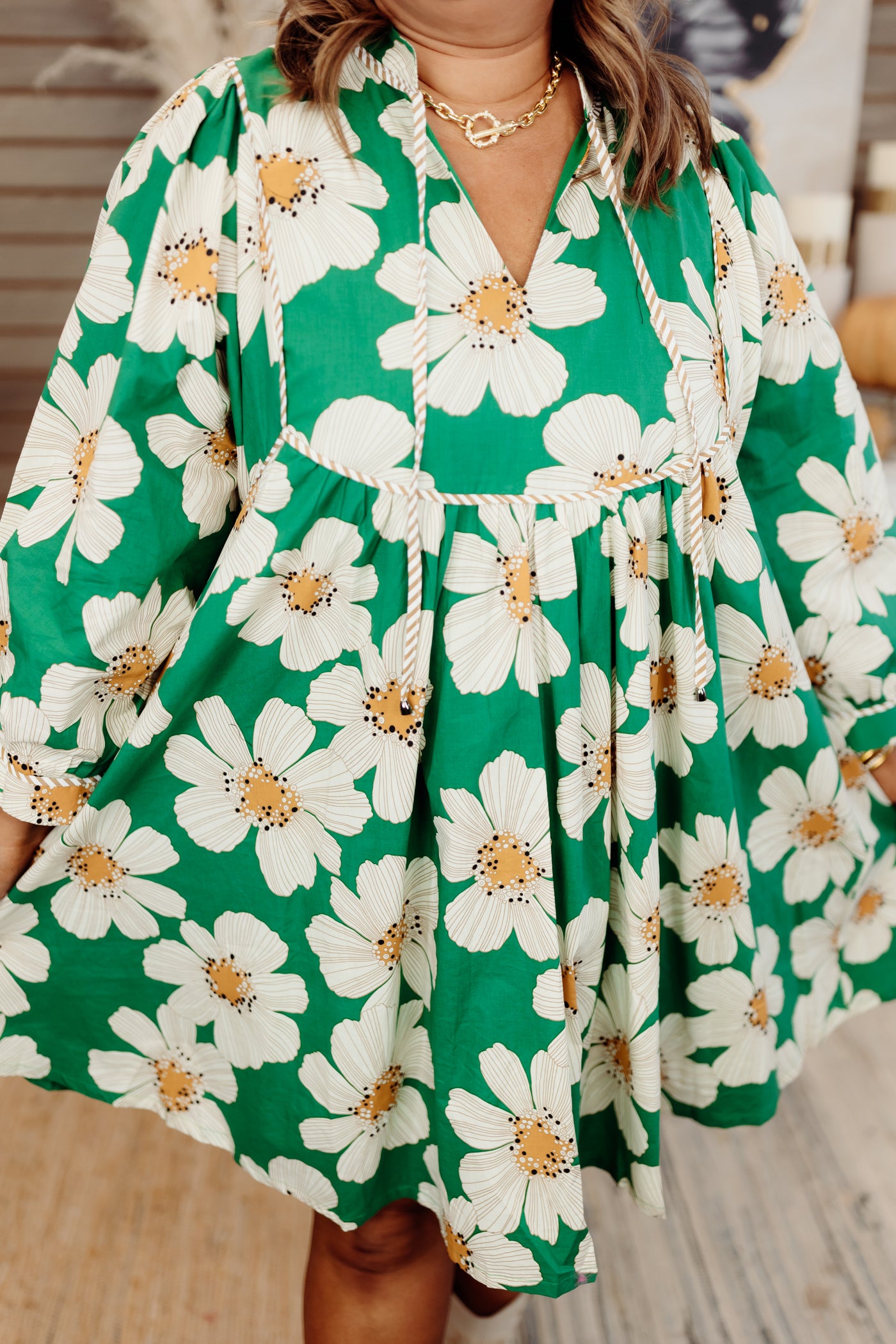 Green Floral 3/4 Sleeve V-Neck Ruffle Mini Dress