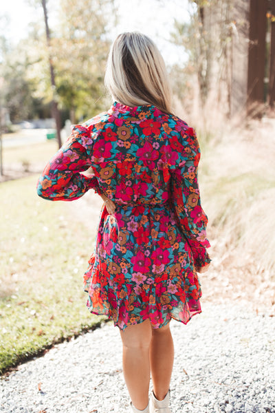 Teal and Fuchsia Multi Floral Button Tie Waist Dress