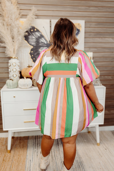 Multicolor Striped Tie Detail Puff Sleeve Dress