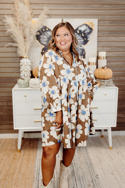 Brown Floral 3/4 Sleeve V-Neck Ruffle Mini Dress