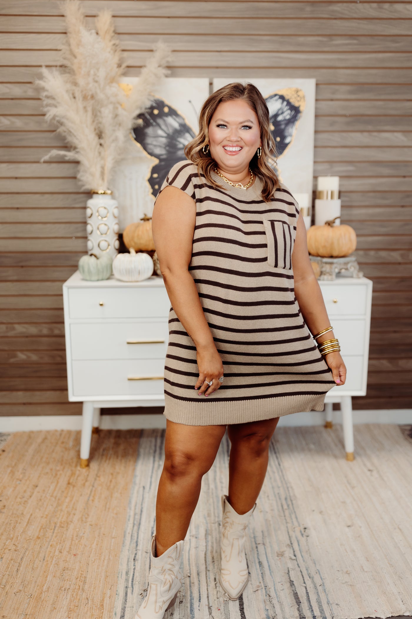 Taupe Striped Round Neck Pocket Dress