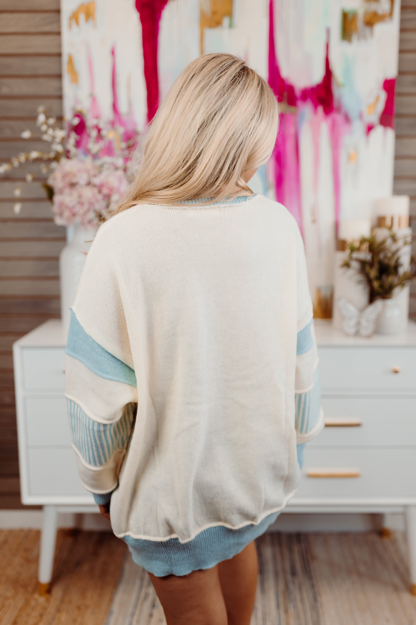 Ivory/Blue Colorblock Stripe Detail Henley Pullover