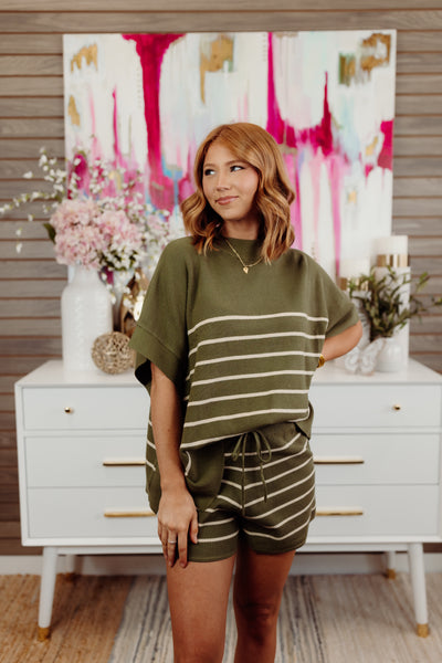 Olive Striped Oversized Top and Short Set