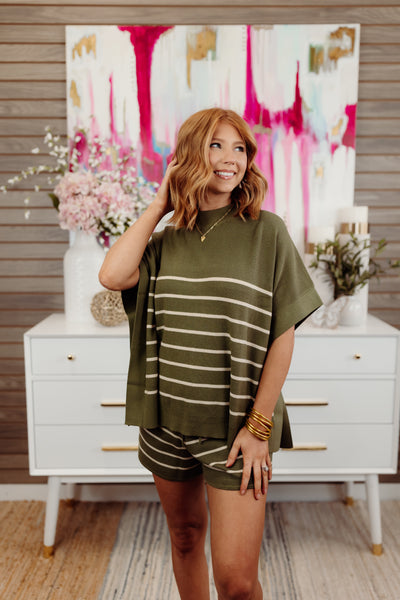 Olive Striped Oversized Top and Short Set