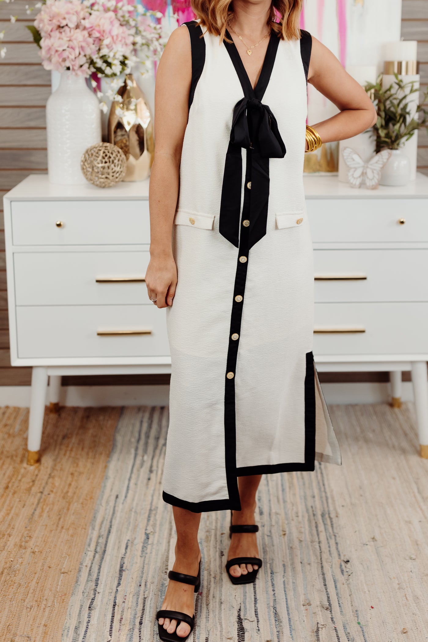 Ecru Textured Sleeveless Button Up Midi Dress