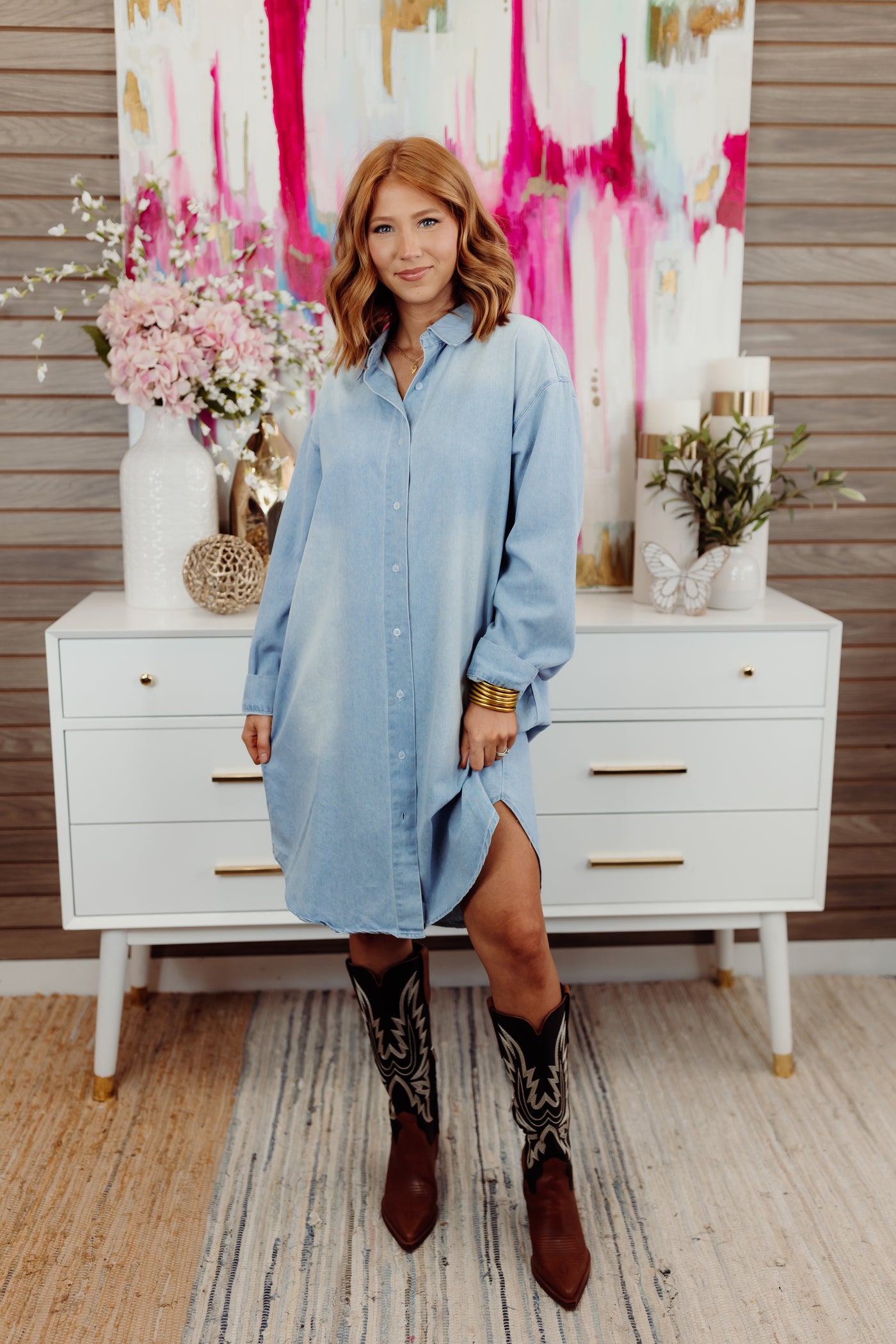 Washed Denim Button Down Long Sleeve Shirt Dress