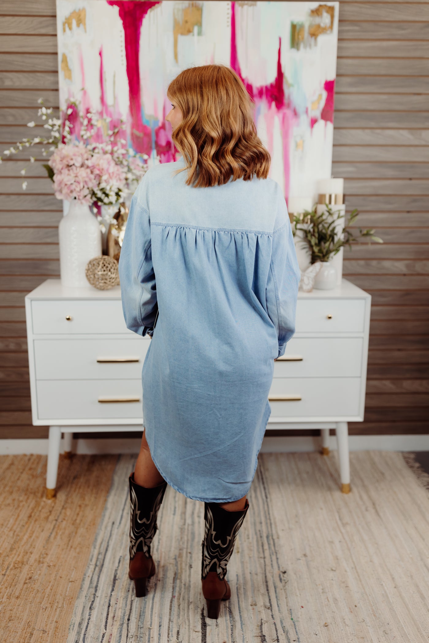 Washed Denim Button Down Long Sleeve Shirt Dress