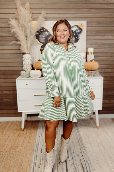 Hunter Green Striped Long Sleeve Collared Dress