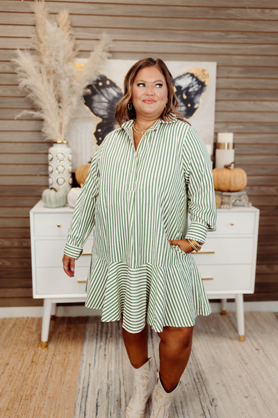 Hunter Green Striped Long Sleeve Collared Dress