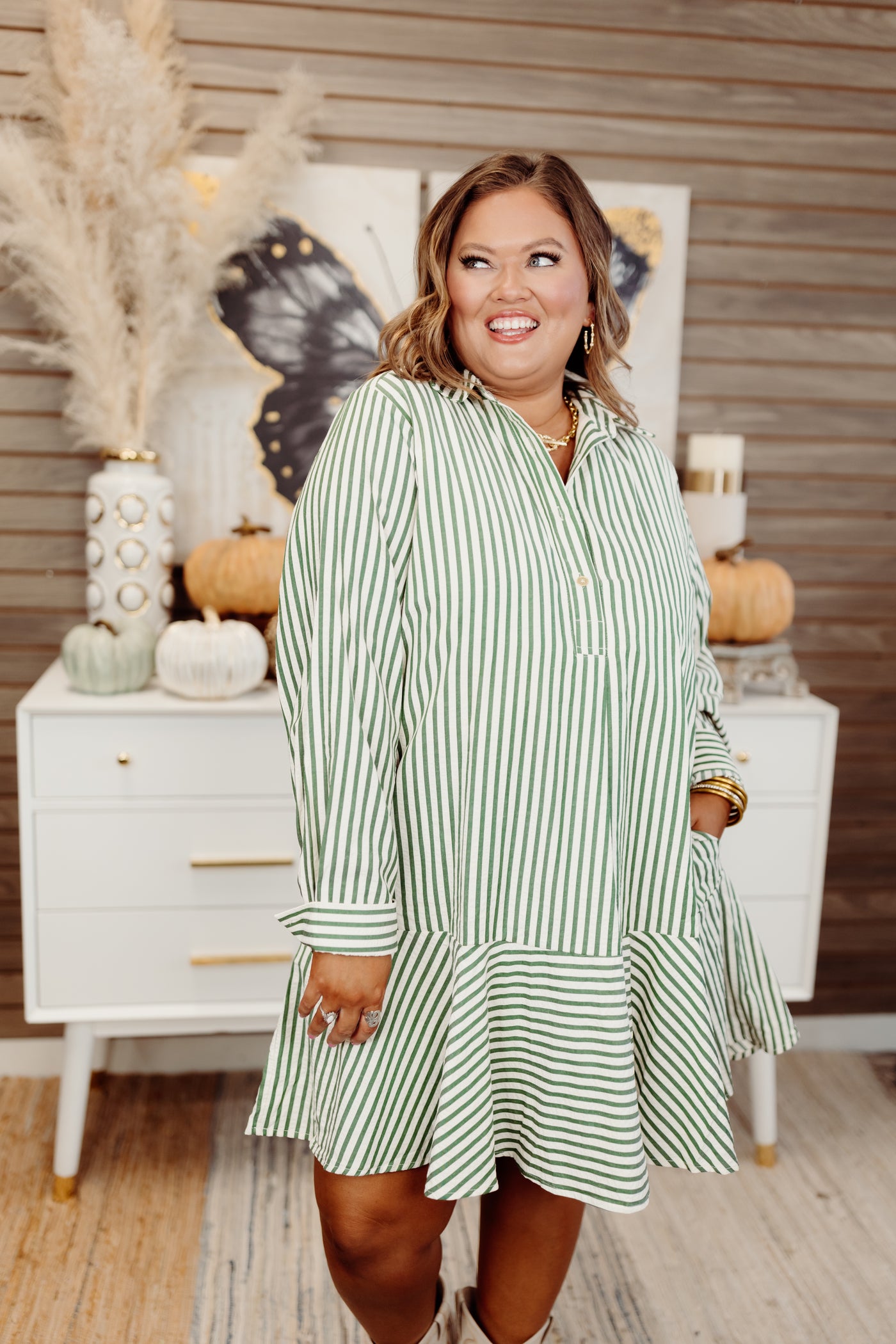 Hunter Green Striped Long Sleeve Collared Dress